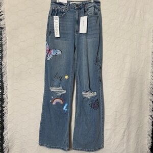 Tinseltown High-Rise Wide-Leg Butterfly Jeans Size 11 Raw Hem